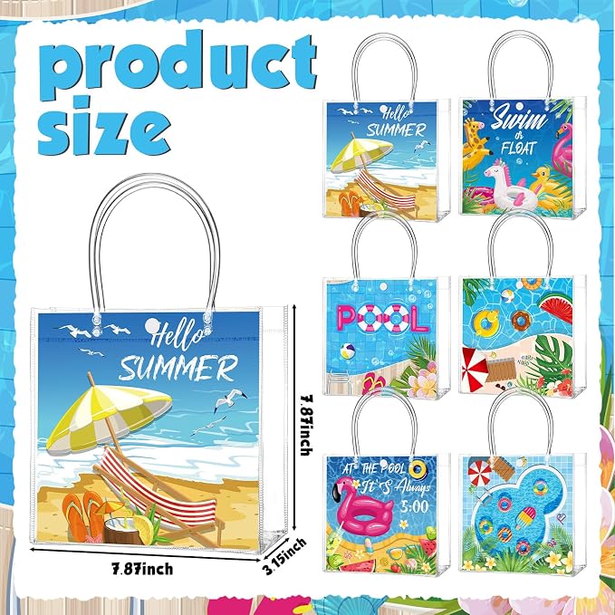 Teenyyou 24 Pcs Pool Party Favor Bags Summer Pool Beach Theme Designs Clear Gift Bags Reusable PVC Tote Container with Handles for Baby Shower, Bridal Shower, Wedding, Birthday Party Supplies