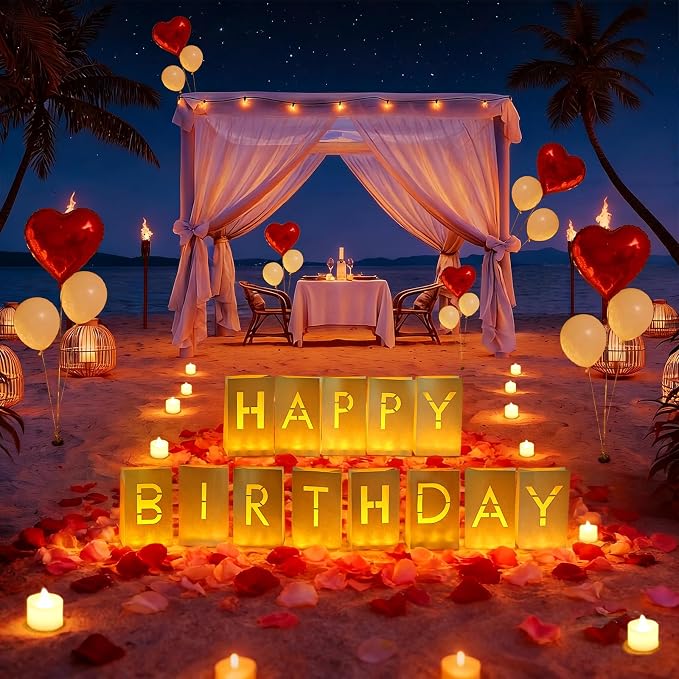 Happy Birthday Light Up Letters, Rose Petals LED Tea Lights Candles Latex Foil Balloons, Paper Luminary Bags for Men Women Birthday Party Decorations