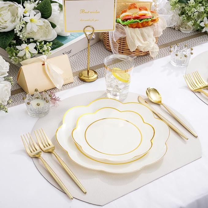 ejonirinjonir EI 180pcs Beige Plastic Plates with Gold Plastic Silverware,Heavy-Duty Disposable Plates for Party,White Dinnerware Set for 30 Guest Wedding,Afternoon Tea,Spring,Valentine's Day,Easter