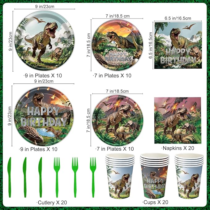 Dinosaur Birthday Decorations – Plates, Cups, Napkins, Cutlery, Hanging Swirls, Toppers, Banner, Tablecloths, Balloons, Honeycomb Centerpieces for Three Rex Dinosaur Party Decorations, Serves 20