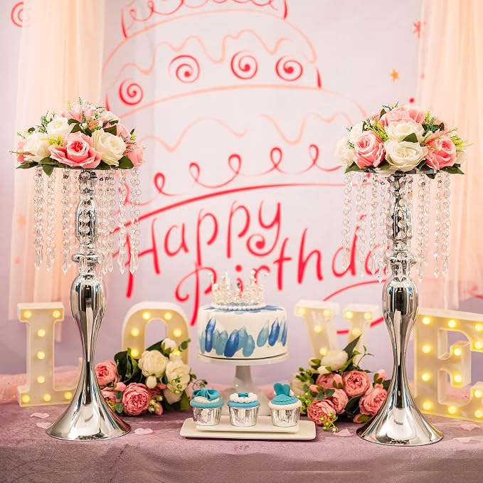Silver Vase Stand Table: 21.3in Wedding Centerpieces, Set of 2 | High End Crystal Design Vase Stand for Wedding Party Reception Birthday Event Home, Tall Table Center Piece