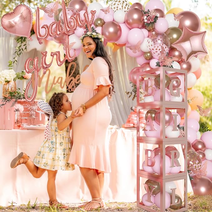 Amandir 134pcs Rose Gold Balloons Baby Shower Decorations for Girl Boxes, Butterfly Stickers Balloon Garland Arch Kit Baby Box with Letter (A-Z+Baby) for Women Birthday Bridal Party Decoration