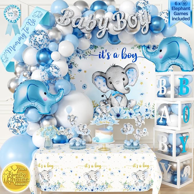 187 Pc Elephant Baby Shower Decorations for Boy - Blue Balloon Garland Kit | 2025 Family Choice Award winner - reusable Oxford-cloth backdrop (not paper), BABY BOY boxes, banner & printable games