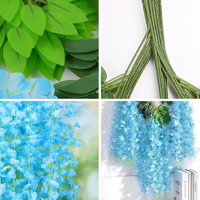BLEUM CADE 36Pcs Blue Fake Wisteria Hanging Flowers, 3.6Ft/Pcs Artificial Wisteria Garland, Hanging Flowers for Wedding Party Home Backdrop Wall Decoration