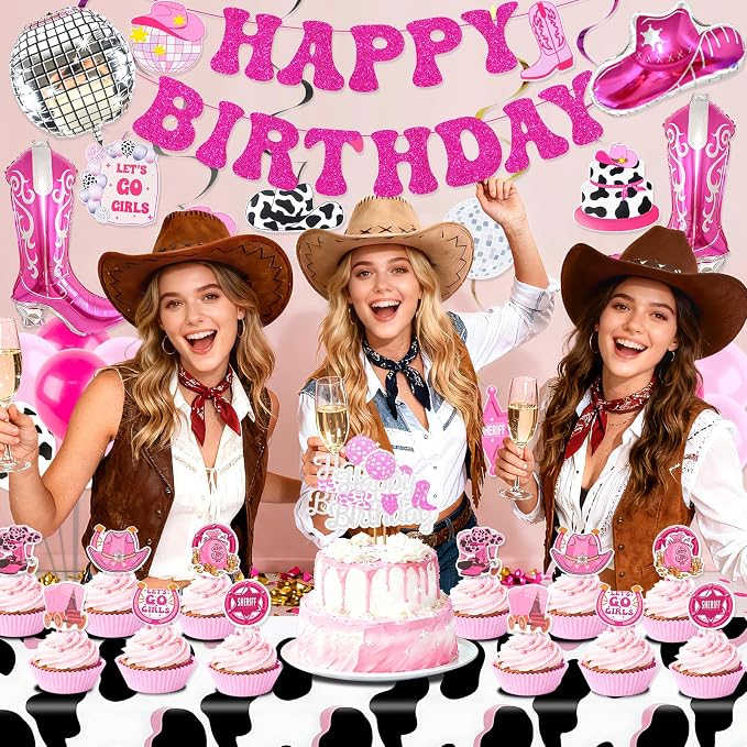 Cowgirl Birthday Party Decorations, Disco Cowgirl Party Supplies with Happy Birthday Banner, Hangang Swir, Latex Balloons, Cake & Cupcake Toppers, Tablecloth for Girls birthday Decor