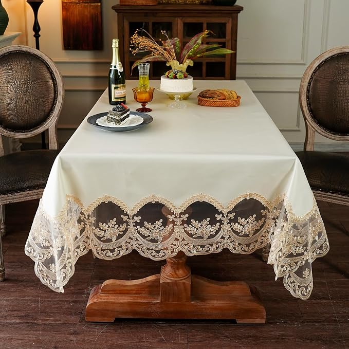 ARTABLE Lace Tablecloth Rectangle Waterproof Table Cover with Exquisite Macrame Border for Wedding Kitchen Holidays Party Decor (Beige, 54 x 72 Inch)