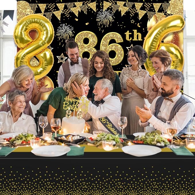 86th Birthday Decorations Men Women with 86th Birthday Banner, Black and Gold Table Cloth, Number Balloons, Sash, Cake Topper and Candles
