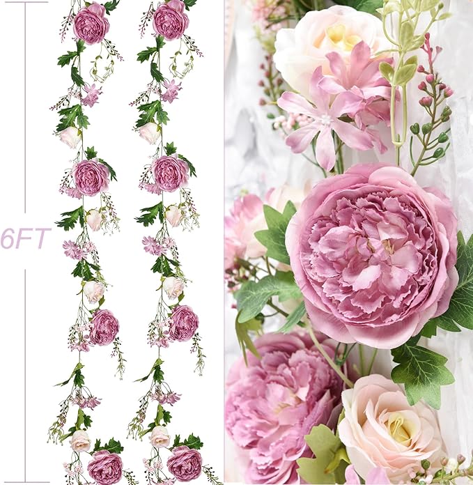 DearHouse 2Pack Artificial Peony Flower Garland - 6ft/Strand Silk Peony Garland with Pink Flowers for Wedding Party Table Decoration,Deep Ruby