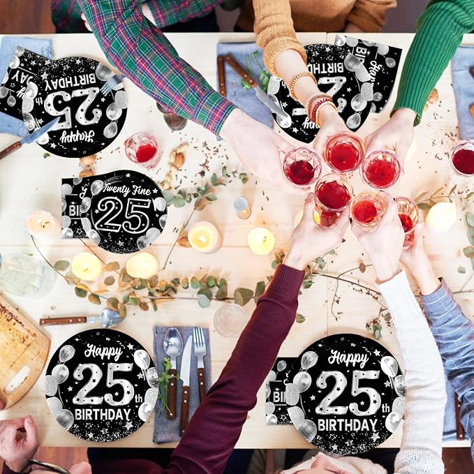 Grencian 96Pcs 25th Birthday Decorations Black Silver 25th Birthday Party Plates Disposable Paper Tableware Set for Women Men Happy 25 Year Old Graduation Decorations 2026 Supplies Serves 24
