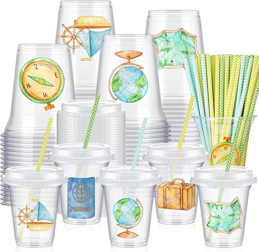 FoldTier 60 Set Bon Voyage Party Plastic Cups Bulk 14 oz Disposable Clear Cups with Lids and Paper Straws for Travel Theme Party Birthday Supplies Favor Decorations