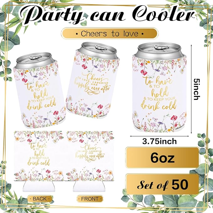 Qinyoung 50 Pieces Wildflower Wedding Can Cooler Sleeves Bulk Engagement Party Favors for Guests Cheers to Love Laughter and Happily Ever After Rehearsal Dinner Decorations for Wedding Bridal