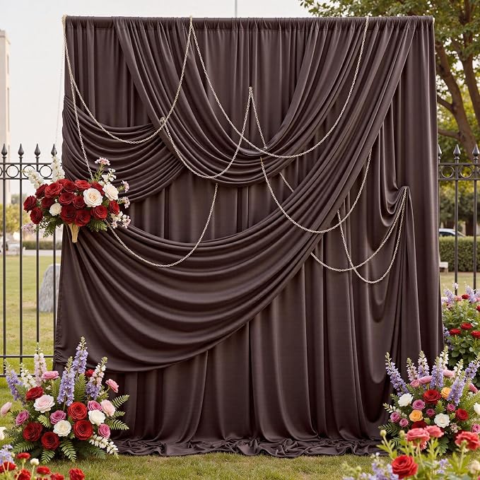 50ftx12ft Wrinkle Free Brown Backdrop Curtain,10 Panels 12FT Height Wedding Backdrop Drapes,Silky Polyester Back Drop Cloth for Birthday Photography Background Party Backdrop Draping