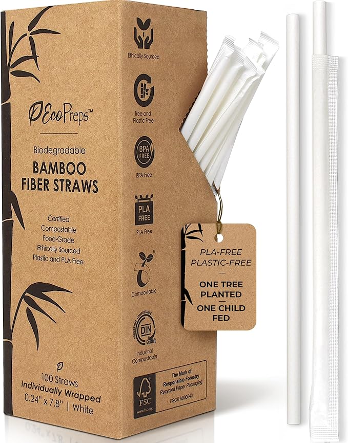 EcoPreps Biodegradable Bamboo Fiber Straws, Plastic-Free Individually Wrapped Straws | 100 Count, 100% Compostable, Eco-Friendly Drinking Straw | 7.8'' Plant Fiber Disposable Straw in White Paper Wrap