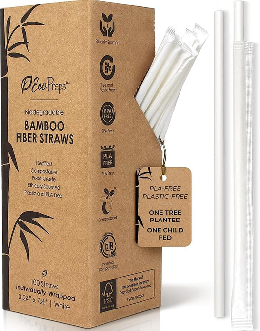 EcoPreps Biodegradable Bamboo Fiber Straws, Plastic-Free Individually Wrapped Straws | 100 Count, 100% Compostable, Eco-Friendly Drinking Straw | 7.8'' Plant Fiber Disposable Straw in White Paper Wrap