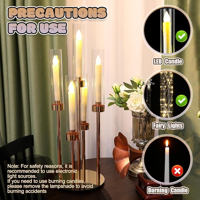 Tandefio 4 Set Gold Candelabra Centerpieces for Tables, 26.8 Inch 5 Arm Candle Holders with LED Candles and Acrylic Cylinders, Tall Acrylic Wedding Table Centerpieces for Reception Dinner Party Decor