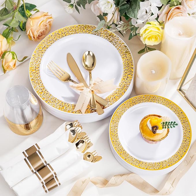 WELLIFE 100 Guests Dinnerware Sets, Gold Plastic Plates, Platos Para Fiestas Elegantes Desechables Include:100 Dinner Plates,100 Dessert Plate,400 Pcs Gold Plastic Silverware, 100 Cups for Party