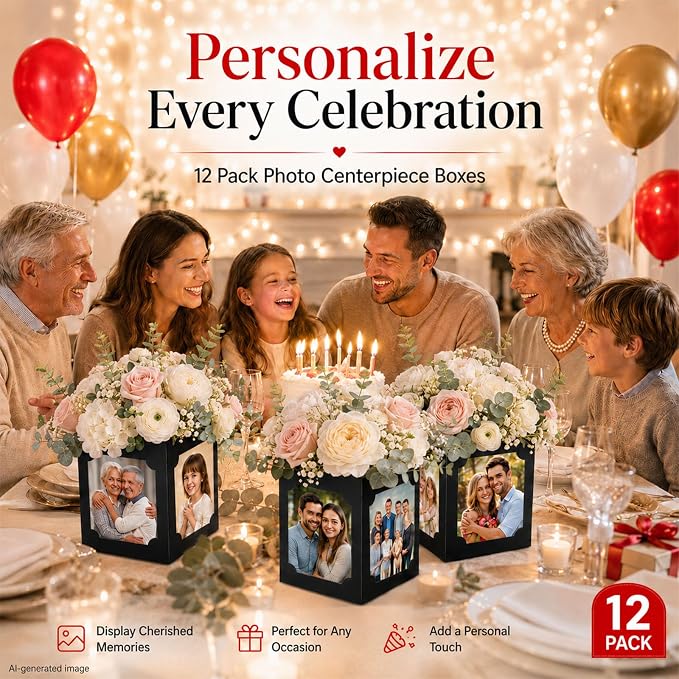 12pcs Photo Centerpieces for Tables, Picture Centerpieces for Table, 6/7 Inch Photo Display for Graduation, Wedding, Birthday, Party Table Decorations, Reusable Black Frames (Large)