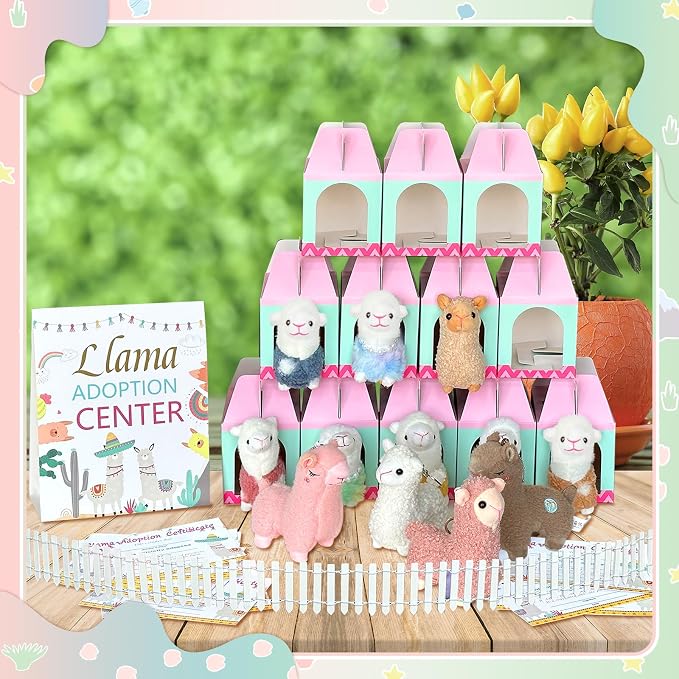 38 Pcs Adopt a Pet Llama Party Favor Set Include 12 Plush Llama 12 Foldable Party Boxes 12 Adoption Certificates 1 Signboard 1 Fence for Adopt a Llama Birthday Party Decorations