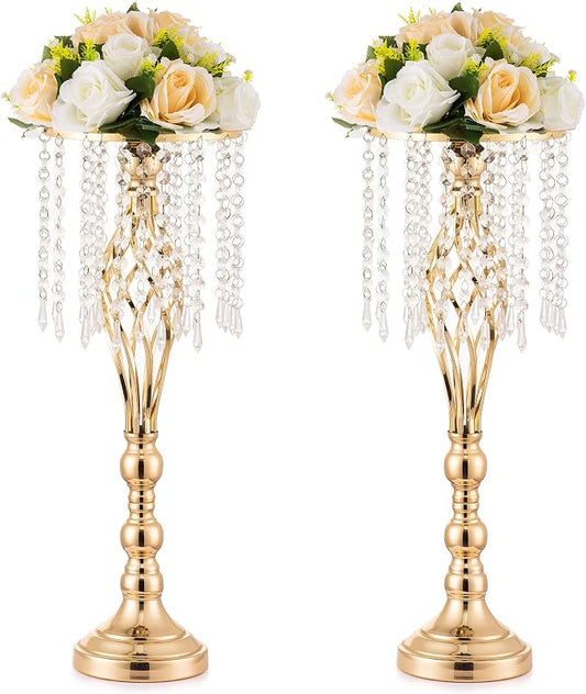 Gold Vases Centerpieces for Table: 21.7" Tall Flower Stand with Crystal Patent for Wedding Center Piece Party Event Set of 2