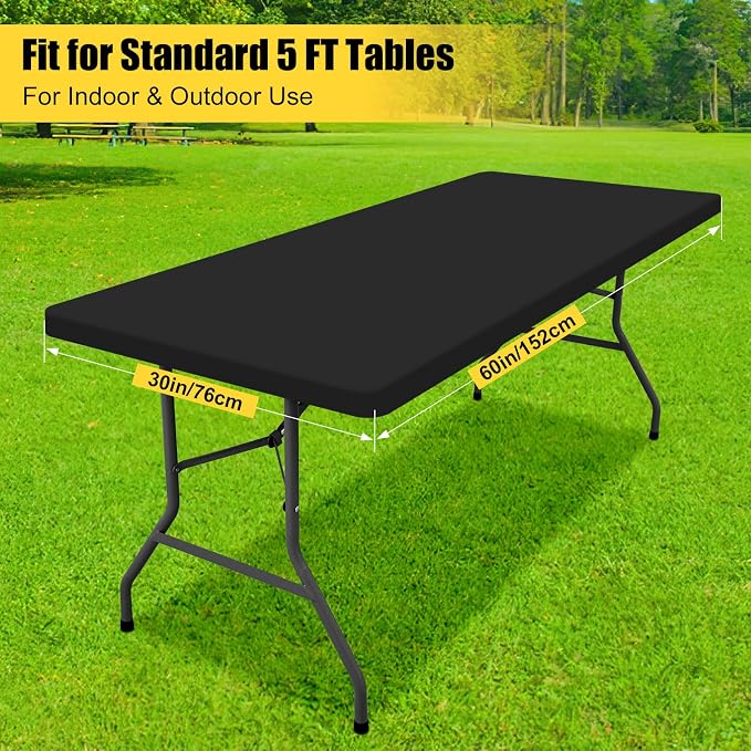 Smiry 3 Pack Rectangle Table Cloth, Elastic Fitted Flannel Backed Vinyl Tablecloths for 5ft Folding Tables, Waterproof Wipeable Table Covers for Indoor, Outdoor, Camping and Picnic (Black, 30"x60")