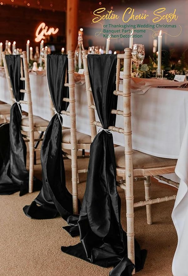 120 PCS Black Satin Chair Sashes, Ties Bows Designed Chairs Decorative, Chair Cover Sashes for Thanksgiving Wedding Christmas Banquet Party Home Kitchen Decoration (7 x 108 inch)