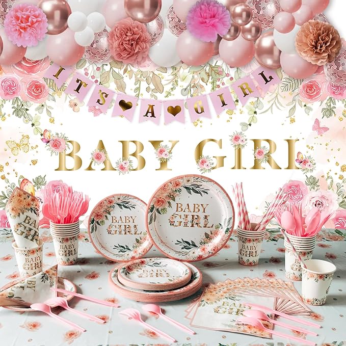 Baby Shower Decorations for Girl,225 PCS YHFNDIYS Pink Floral Girl Baby Shower Decorations Party Supplies (20 Guest) with Paper Plates Cups Napkins Straws Banner Tablecloth Backdrop Balloons Arch Kit
