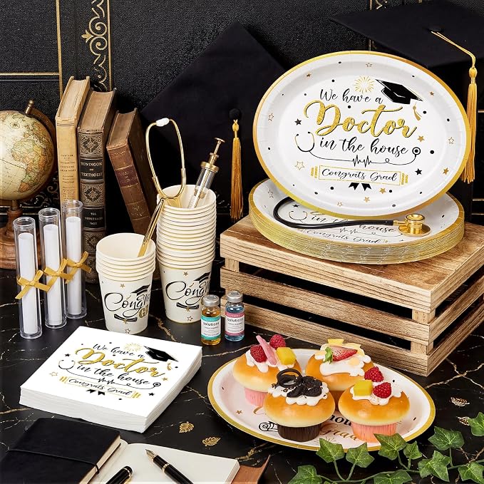 Vesici 150 Pcs Doctor Graduation Party Supplies We Have a Doctor in the House Tableware Set Paper Plate Cup Napkin 10" x 12" Large Heavy Duty Disposable Plate for Medical School Grads Celebration