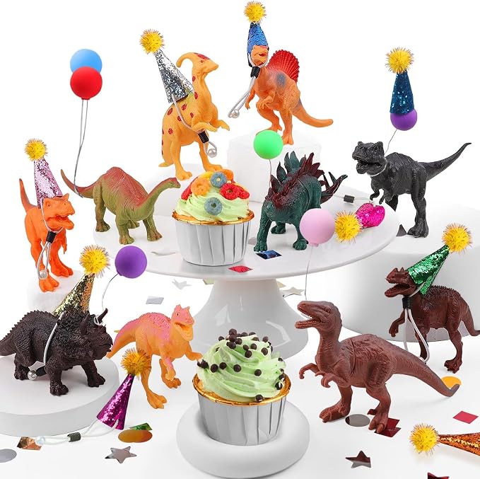 26 PCS Jungle Animal Birthday Party Decorations with Dinosaur Figurines, Mini Hats & Balloons, Cake Toppers for Birthday Party, Wild Animals Party Supplies(Dinosaur)