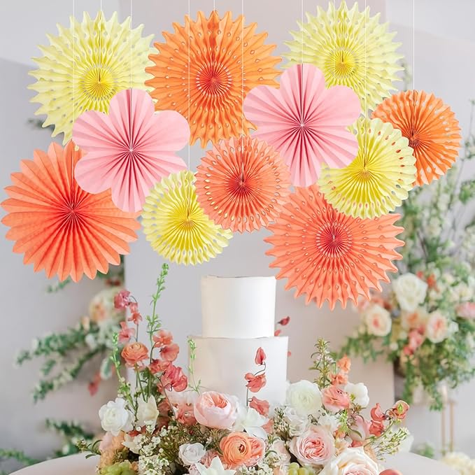 11 PCS Paper Flowers Decorations for Wall Orange Pink Paper Fans Floral Hanging Decoration for Backdrop Birthday Classroom Baby Shower Wedding Bridal Bachelorette Party Decor