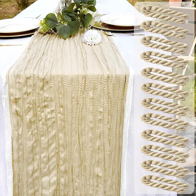12 Pack Beige Cheesecloth Table Runner 22x120 Inch-Naturally Dyed Colors Sheer Gauze Ivory Cheese Cloth Wedding Table Runner,Rustic Boho Crinkle Fabric, Reception, Bridal Shower,Farmhouse Dining Decor