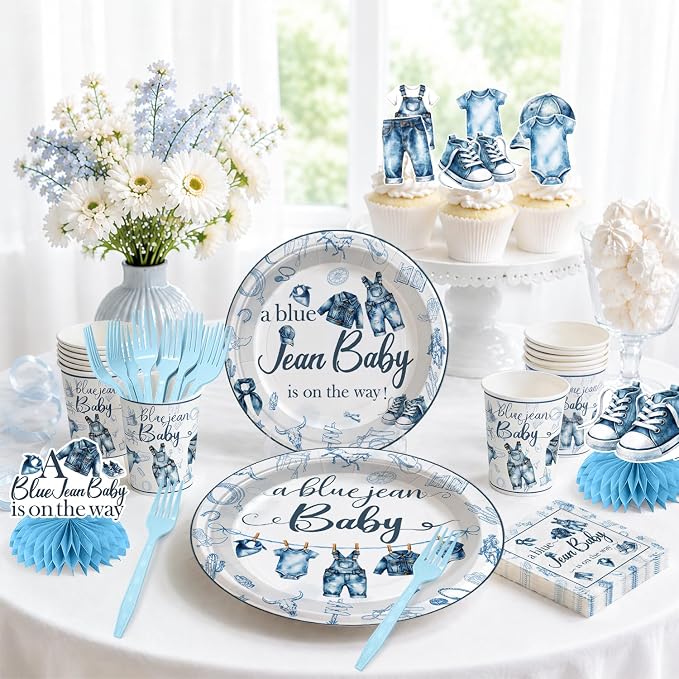 Xynic 213pcs Blue Jean Baby Shower Decorations or Boy, Serves 25 People, Includes Pre-strung Banner, Heavy-duty 350gsm Paper Plates, Waterproof & Oil-proof Disposable Plastic Tablecloths