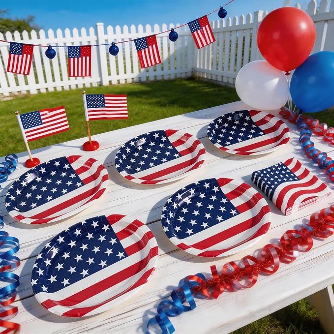 100 Pcs 4th of July Patriotic Paper Plates and Napkins Set Heavy Duty,12"x10" Large Red White Blue Oval Disposable Tableware Set for Veterans Election Day Independence Day American Flag Party Decor