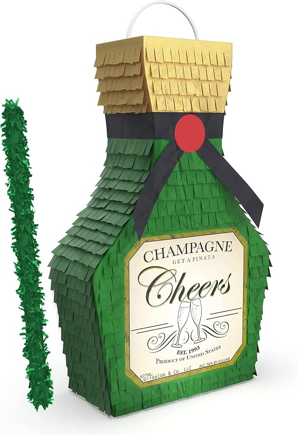 Jergrim Champagne Piñata with Stick, 17X11inches, Perfect for New Years 21st Birthday Decorations, Graduation, and Wedding Props. Fits party favor