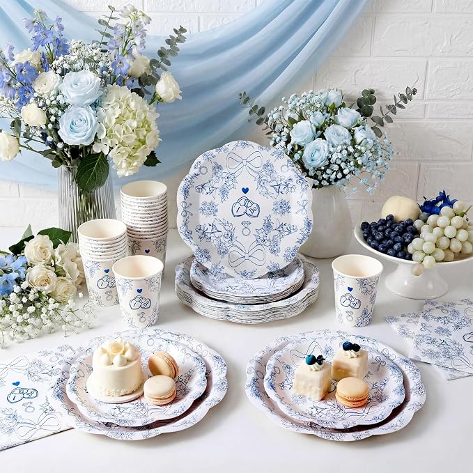 Newtay 250 Pcs Something Blue Disposable Plates and Napkins Bridal Shower Party Tableware Setting for 50 Guests Bachelorette Wedding Party Napkins and Cups Engagement Supplies