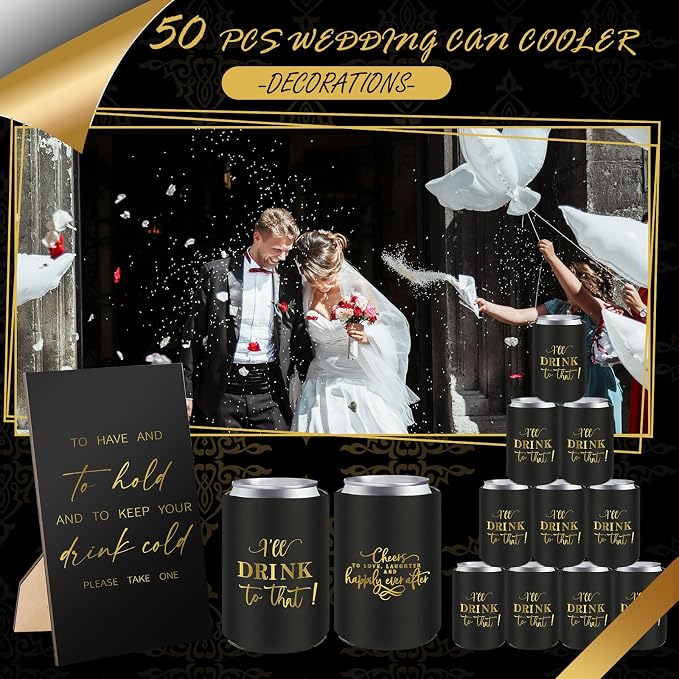 SiliFine 101 Pcs Black Wedding Can Cooler Bulk Engagement Party Favors for 100 Guests Cheers to Love Laughter, and I'll Drink Can Cooler with Wooden Wedding Table Sign Bridal Shower Favor