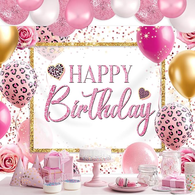 Happy Birthday Backdrop 7Wx5H Feet Polyester Fabric Pink Leopard Balloon Heart Elegant Flower Rose Plant Botanical Decoration Gold Glitter Girly Photography Background Photo Shoot Props