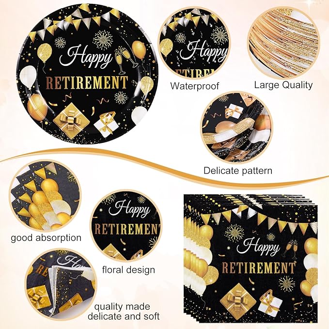 Funnymoom 452 Pcs Happy Retirement Party Decorations Men for 50 Guests, Black Gold Retirement Paper Plates and Napkins Cups Tablecloth Cutlery Straws Disposable Tableware Party Supplies for Men Women