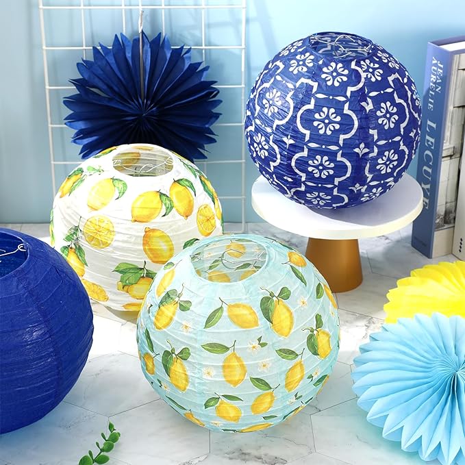 FYSUIMU 18Pcs Capri Lemon Paper Lantern Set Blue Yellow Hanging Lanterns with Honeycomb Balls Paper Fans for Summer Mediterranean Birthday Wedding Baby Shower