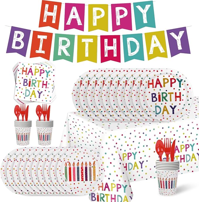 203 Pcs Happy Birthday Decorations: Party Supplies Set with Dots Design- Includes Disposable Paper Birthday Plates and Napkins, Cups, Tablecloth, and Banner for Boys/Girls, Serves 25