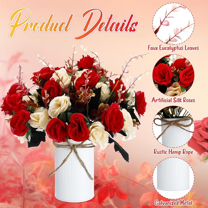 Domensi 6 Sets Wedding Centerpiece for Table Artificial Rose with Vase Fake Bouquets and Metal Pot Flower Arrangements for Bridal Shower Birthday Party Event Table Decor (Red)