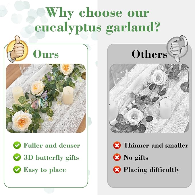 Yastouay 2 Pcs 12.1 Ft Flower Garland with Butterfly, Artificial Eucalyptus Garland with Champagne Flowers Fake Rose Camellia Vine for Table Centerpiece Wedding Baby Shower Room Backdrop Decor