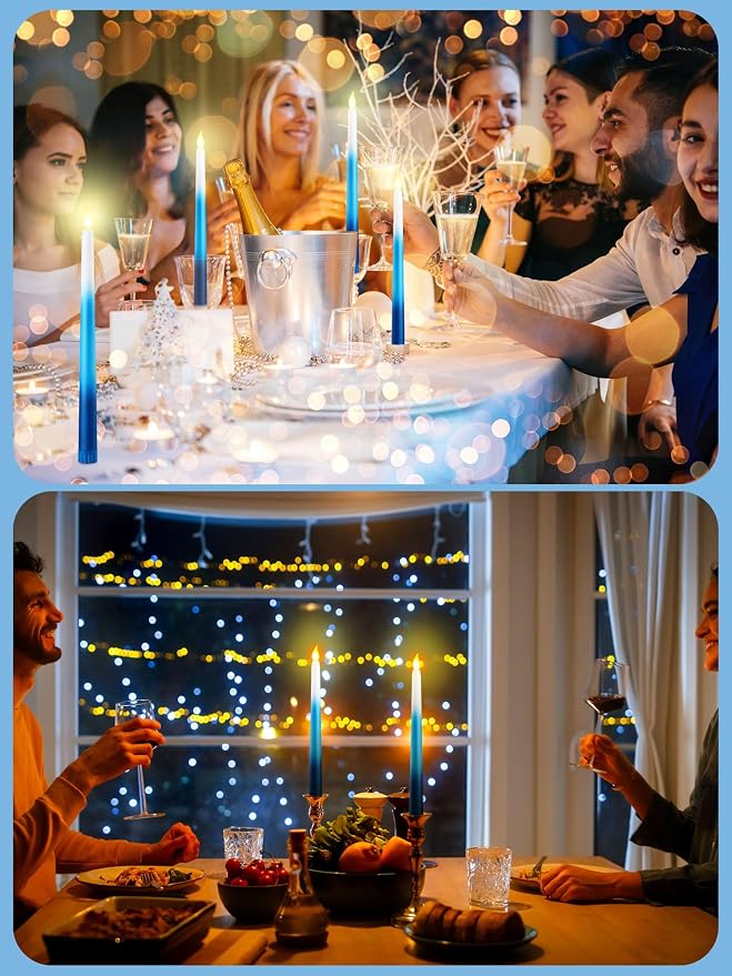Funtery 48 Pcs Flameless LED Taper Candles Battery Operated Candles Bulk Realistic LED Candlesticks Flickering for Wedding Church Party Home Decor(Gradient Blue,11 Inch,Classic Style)