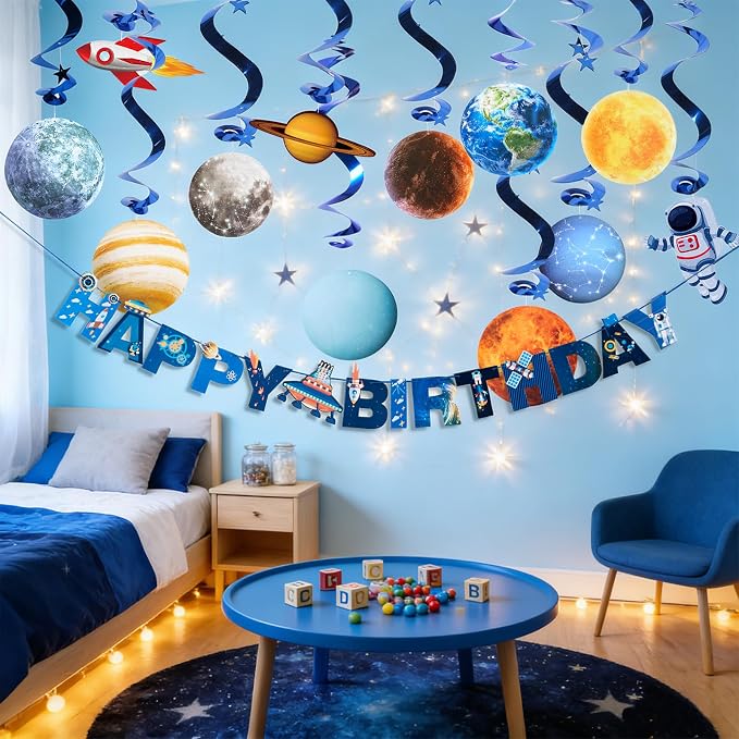 SUNBEAUTY Solar System Birthday Party Decorations Outer Space Happy Birthday Banner Planet Rocket Astronaut Hanging Swirls for Kids Baby Shower First Trip Around The Sun School Supplies