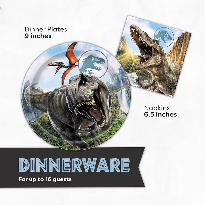 Jurassic Park Birthday Decorations for 16 | Balloons, Banner, Tablecloth, Plates, Napkins | Officially Licensed Jurassic World Party Decorations