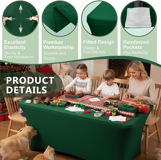 Spandex Table Cloths for 8 Foot Rectangle Tables-6 Pack Hunter Green Fitted Stretch Table Covers-Elastic Christmas Tablecloths for Party, Vendor Booth, Banquet Buffet Event, Craft Trade Show