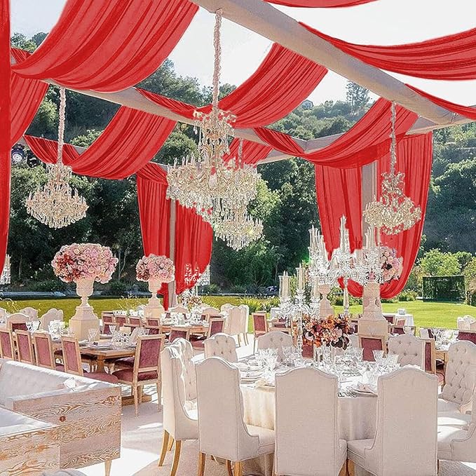 MODFUNS 4 Panels Red Ceiling Drapes 5FTx20FT Chiffon Fabric Draping Fabric Sheer Wedding Ceiling Drapery Chiffon Curtains for Backdrop Swag Drape Curtains for Wedding Arches Anniversary Tent Draping