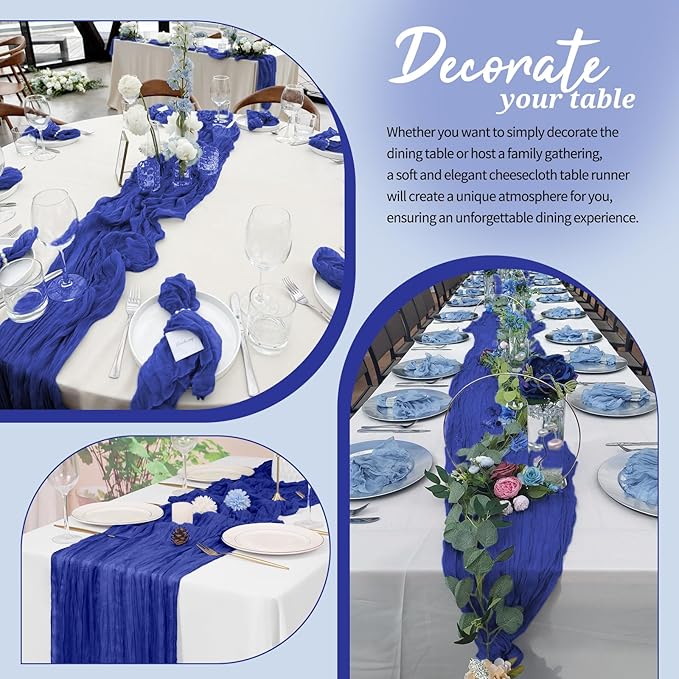 18 Pack Cheesecloth Table Runner Royal Blue 10Ft Rustic Boho Gauze Table Runner Romantic Long Sheer Fabric Cheesecloth Table Runner for Wedding Festival Birthday Anniversary Dinner Outdoor Events