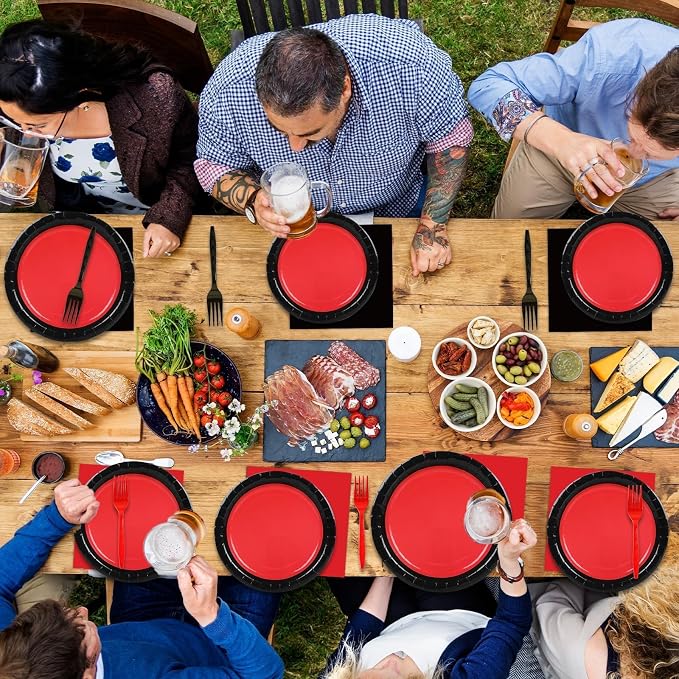 gisgfim 50 Guests Red and Black Party Supplies Decoration Black and Red Birthday Plates and Napkins Forks Red Black Disposable Tableware Red Birthday Party Paper Plates for Boys Girls Party 200PCS