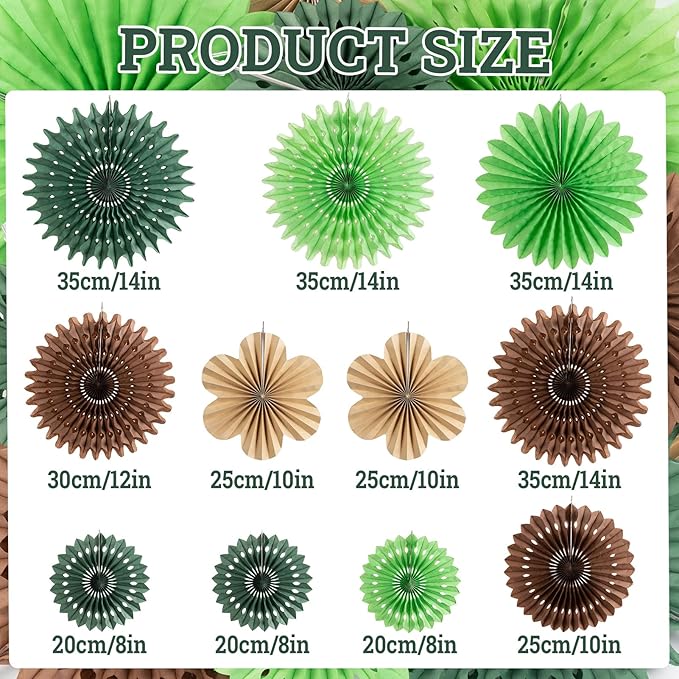 11 Pcs Hanging Paper Fans Decoration Green and Brown Paper Flowers Deco Tropical Jungle Birthday Party Decorations for Summer Safari Carnival Party Supplies