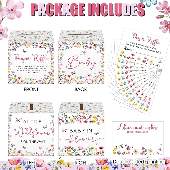 Teling 51 Pieces Diaper Raffle Tickets with Card Box Baby Shower Decorations Gender Reveal Holder Box for Girl Boy Diaper Raffle Party (Baby In Bloom)